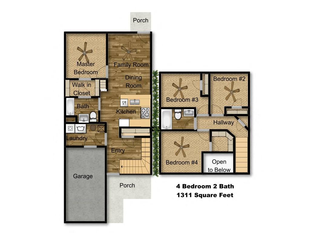 Floor plan for 4 beds, 2 baths, 1311 sqft